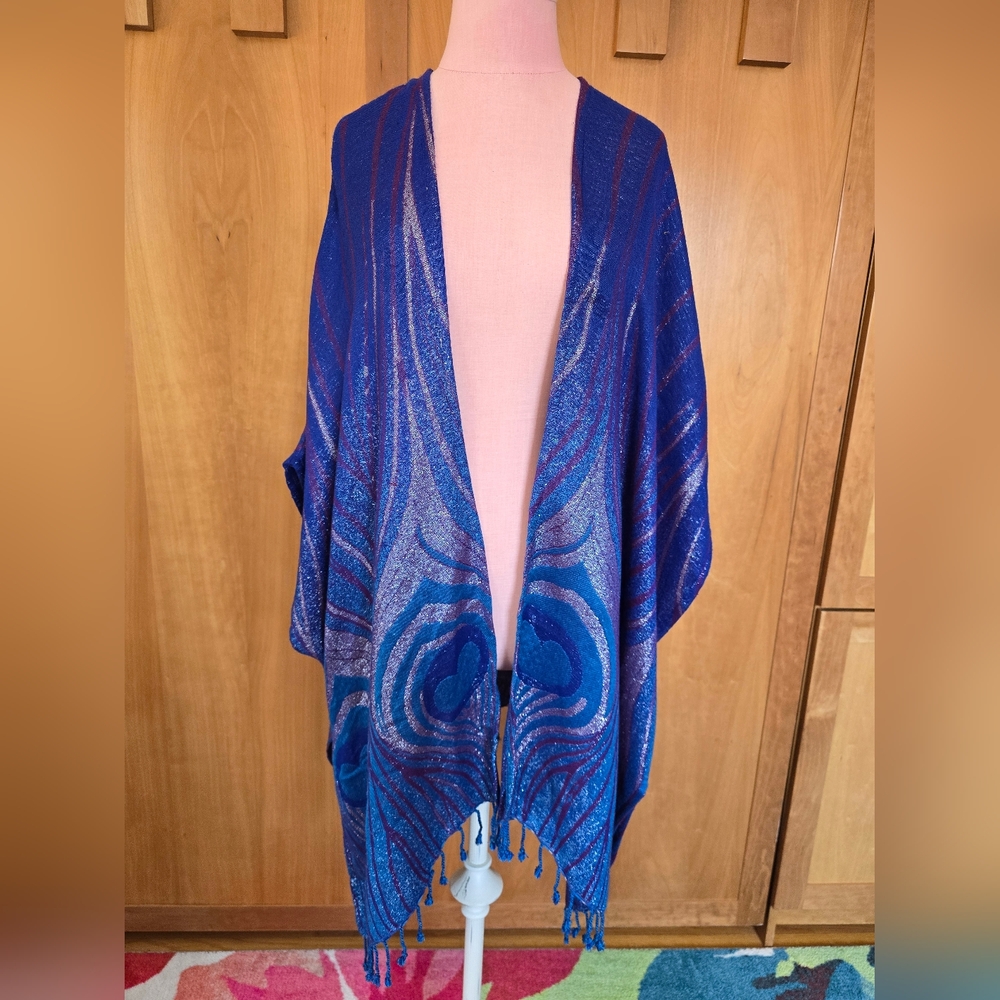 Gorgeous Peacock Sweater Ruana With Fringe Size L/XL